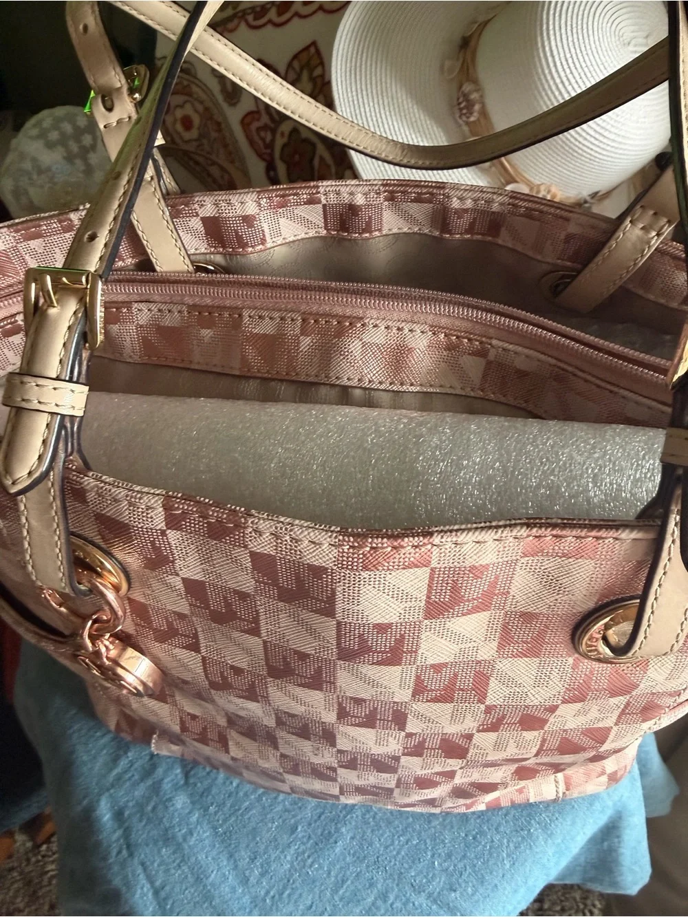 Michael Kors Blush Pink Checkered Shoulder Tote with Gold Hardware - Picture 1 of 4